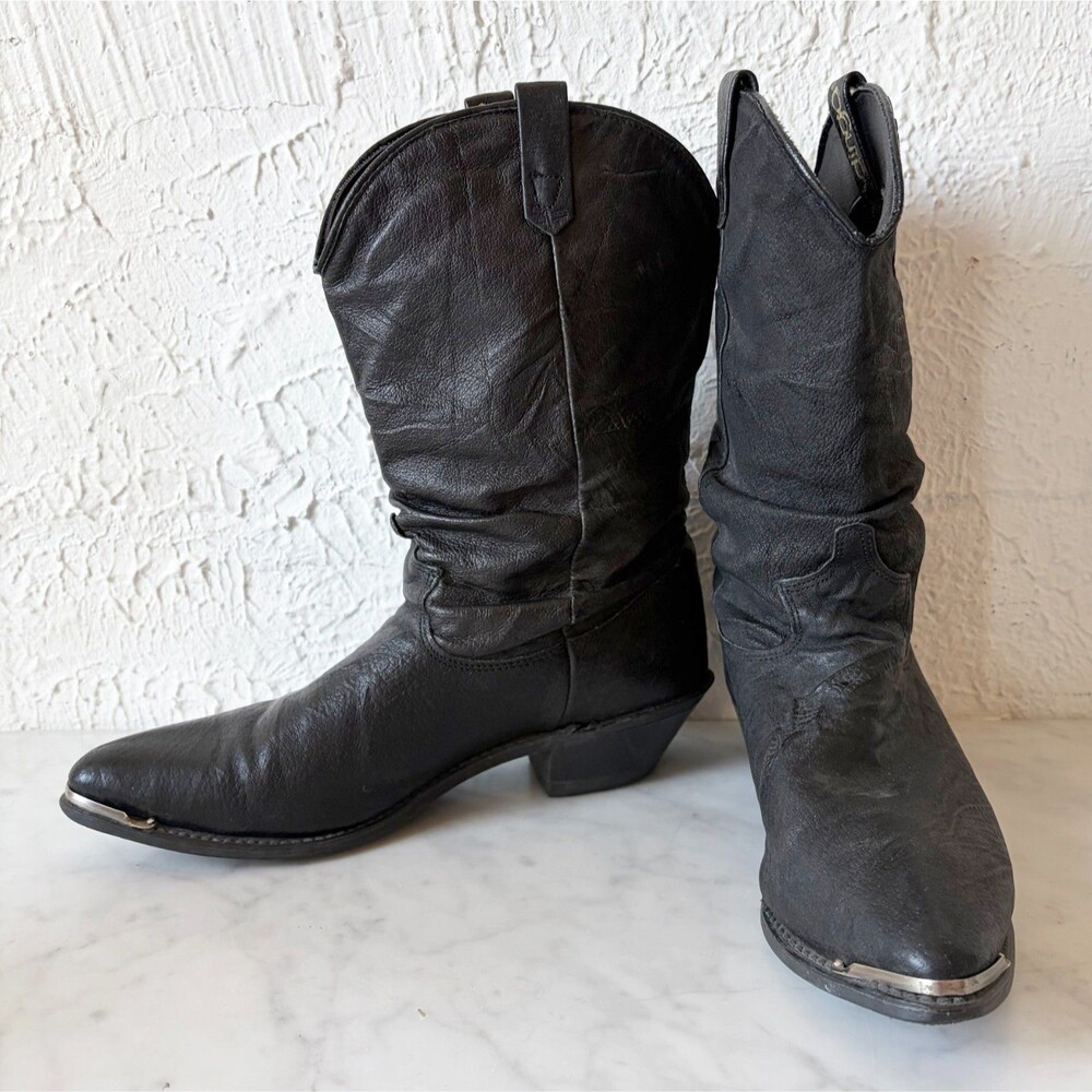 Vintage Dingo Black Leather Slouch Cowboy Boots Women's Size 8 Silver Toe Tips